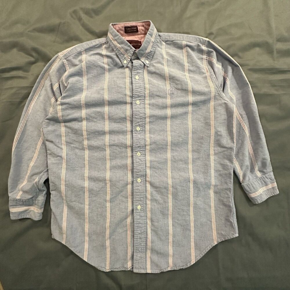 Vintage 90s Chaps Ralph Lauren Shirt Button Front Long Sleeve Striped Crest Logo